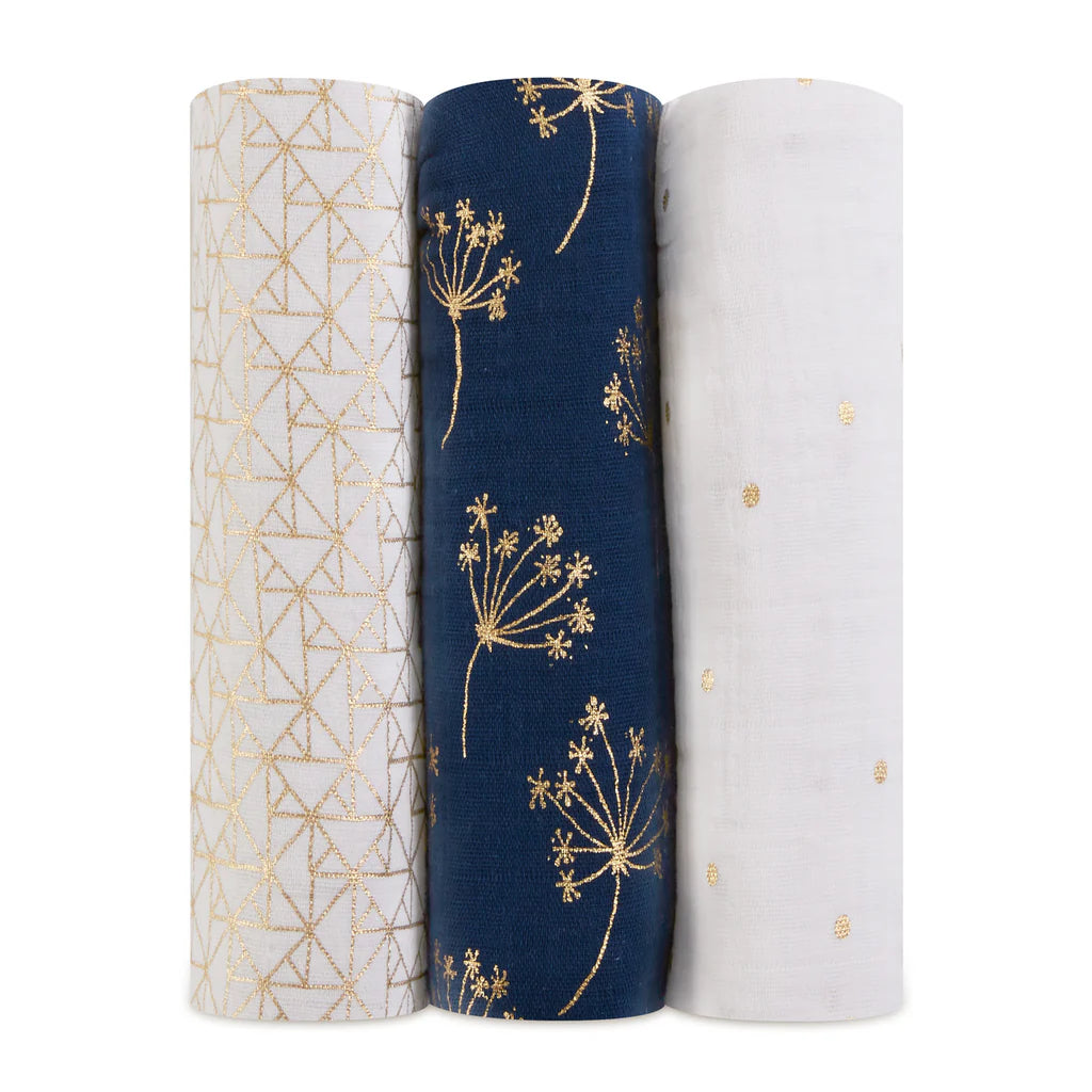 Aden + Anais Classic Metallic 3 Pack Swaddles- Gold Deco