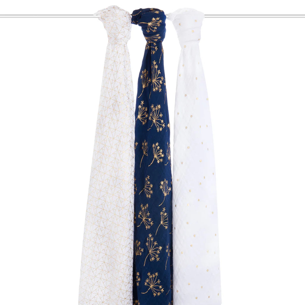 Aden + Anais Classic Metallic 3 Pack Swaddles- Gold Deco