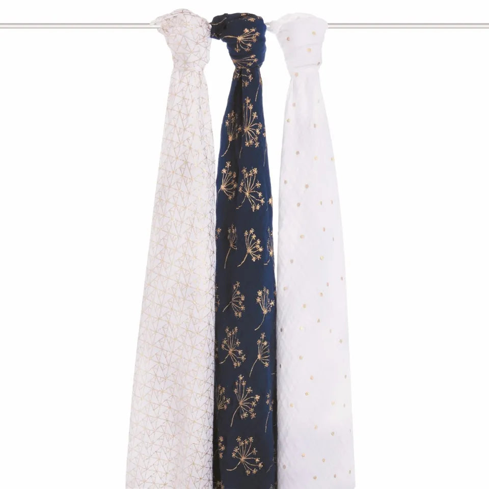 Aden + Anais Classic Metallic 3 Pack Swaddles- Gold Deco