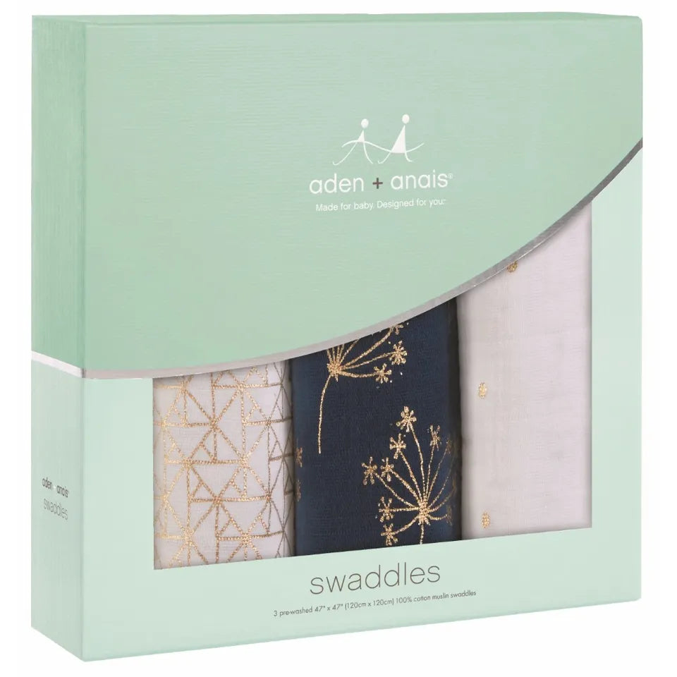 Aden + Anais Classic Metallic 3 Pack Swaddles- Gold Deco