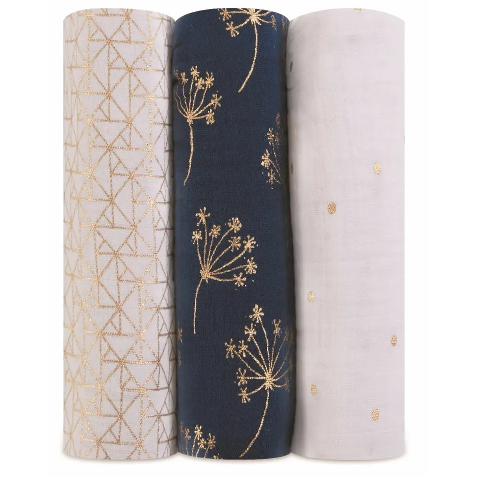 Aden + Anais Classic Metallic 3 Pack Swaddles- Gold Deco