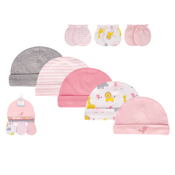 Hudson Baby 5pcs Cap & 3pcs Scratch Mitten Set (0-6m)