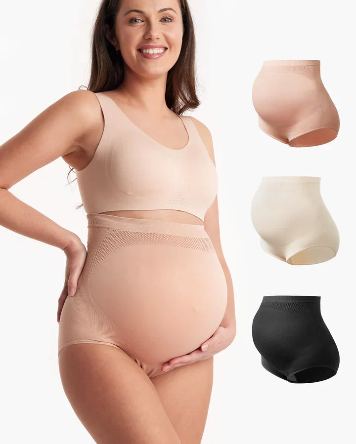 Momcozy High Waist Pregnancy Seamless Soft Belly Support Panties 3Pk (Black+Almond+Oysterpink)