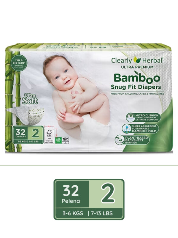 Clearly Herbal Bamboo Snug Fit Diapers 32's - Size 2 (3-6KG)