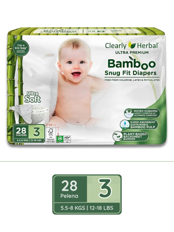 Clearly Herbal Bamboo Snug Fit Diapers 28's - Size 3 (5.5-8 KG)