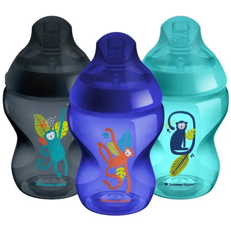 Tommee Tippee Closer to Nature Baby Bottles - Breast Mimicking Nipple Anti-Colic Valve - 260ml, Pack of 3 Blue