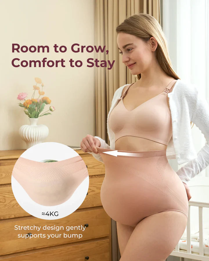 Momcozy High Waist Pregnancy Seamless Soft Belly Support Panties 3Pk (Black+Almond+Oysterpink)