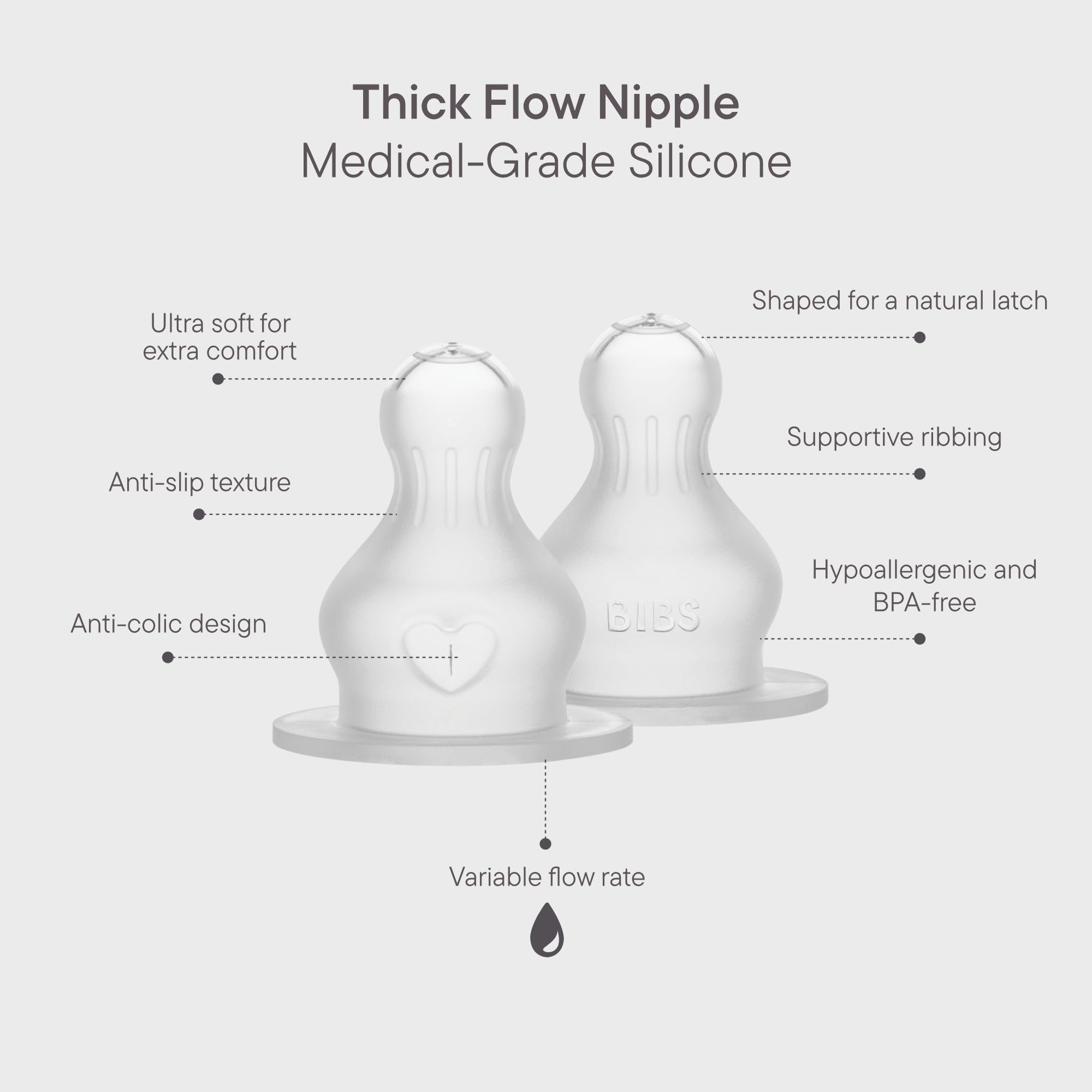 BIBS Baby Bottle Nipple Round  Silicone 2 pack Thick Flow