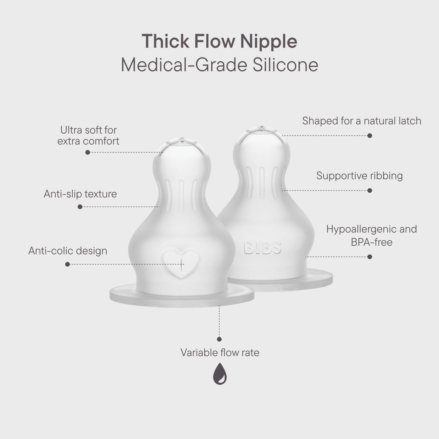 BIBS Baby Bottle Nipple Round  Silicone 2 pack Thick Flow