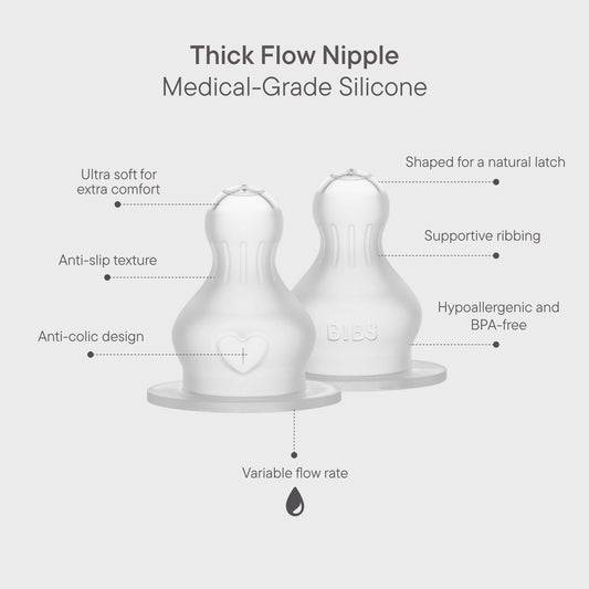 BIBS Baby Bottle Nipple Round  Silicone 2 pack Thick Flow