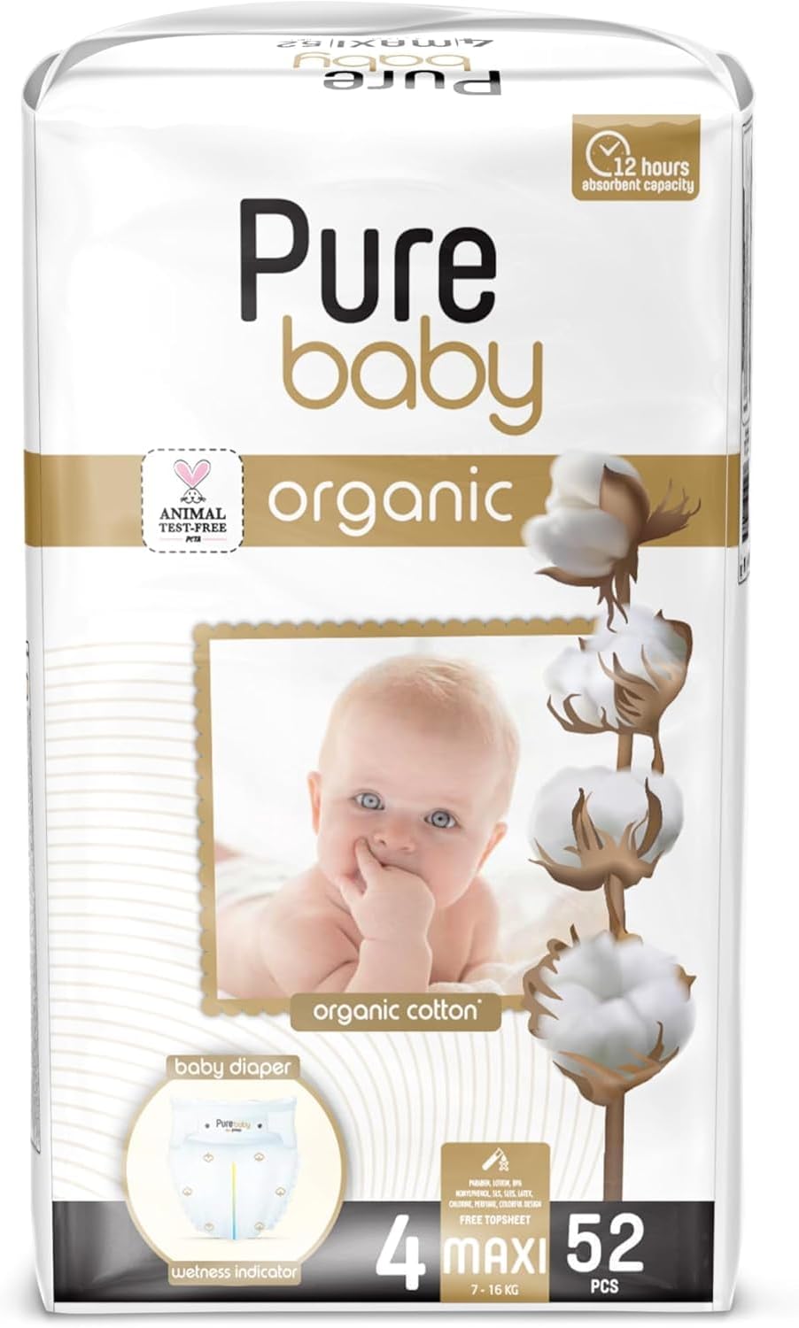 PURE BABY - ECO Diapers Size 4, Maxi, 52 pieces (7-18kg)
