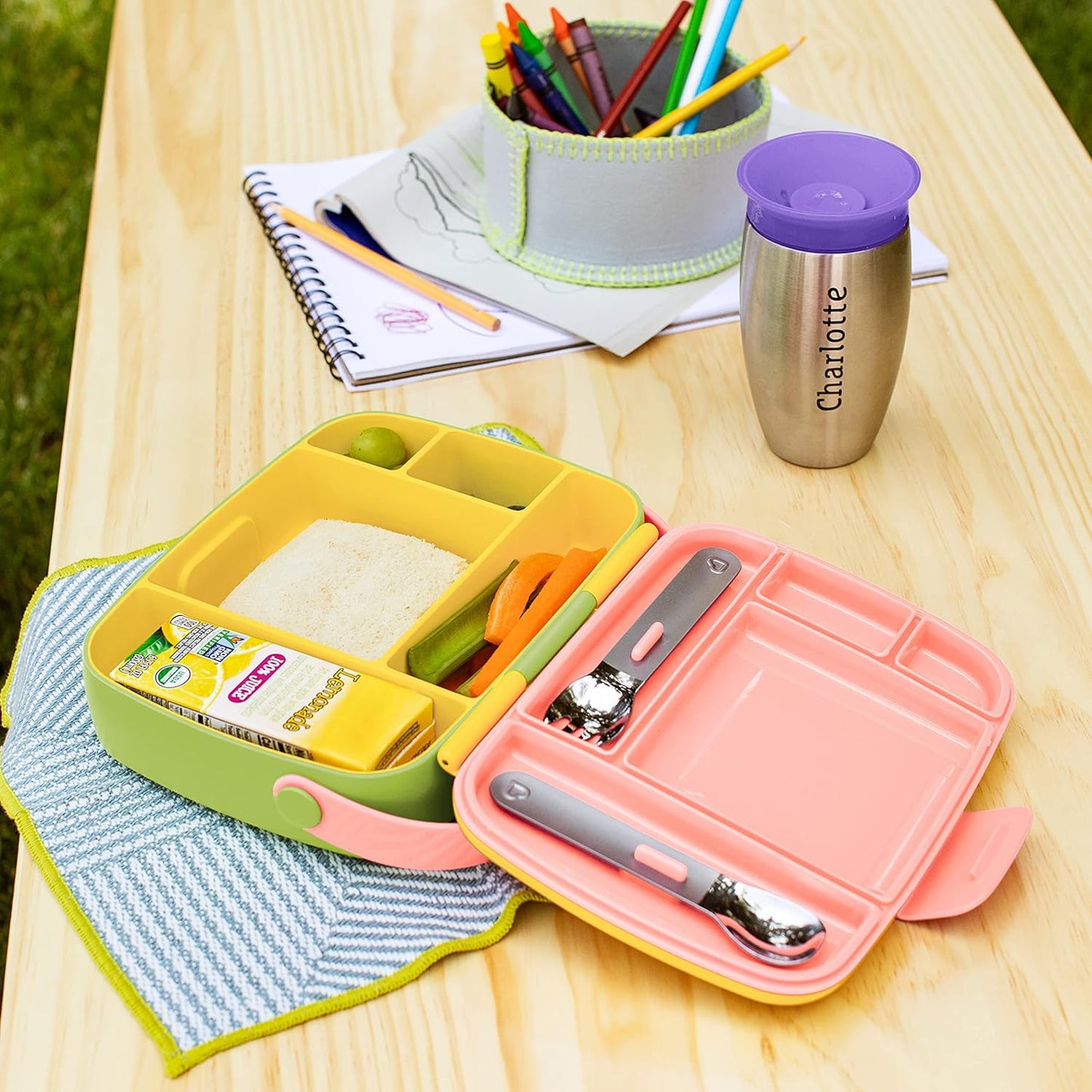 Munchkin Lunch Bento Box with Stainless Steel Utensils - Yellow
