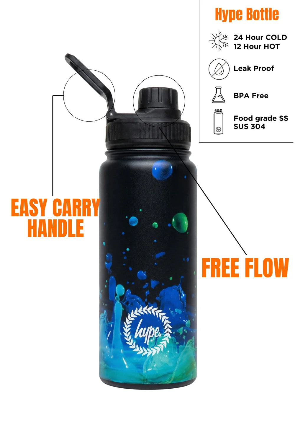 HYPE Water Bottle Black 3D Droplets Metal