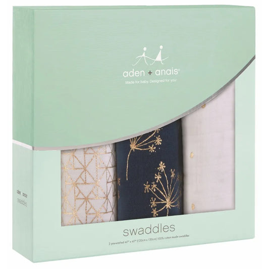 Aden + Anais  Classic Metallic 3 Pack Swaddles- Gold Deco