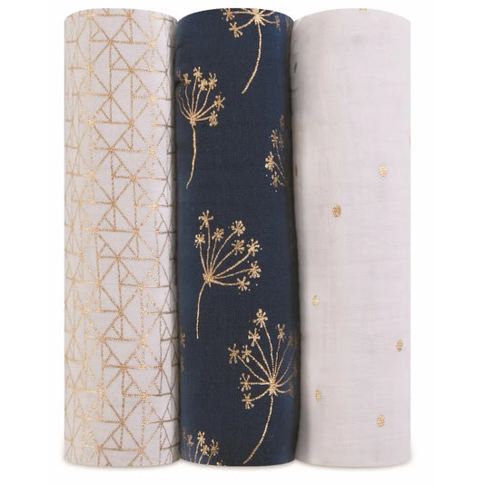 Aden + Anais  Classic Metallic 3 Pack Swaddles- Gold Deco