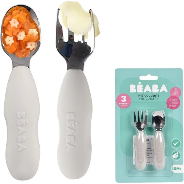 Beaba Set of 2 Stainless Steel Pre Cutlery VelvetGrey