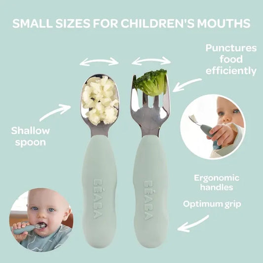 Beaba Set of 2 Stainless Steel Pre Cutlery VelvetGrey