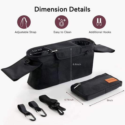 Momcozy Stroller organizer with insulated cup holder - black