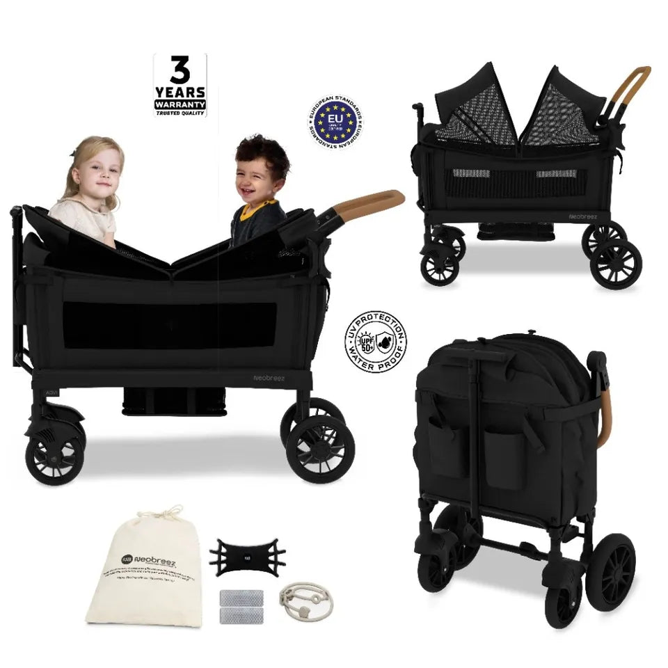Neobreez ADVI Wagon Cargo Push & Pull Foldable Double Stroller - Black