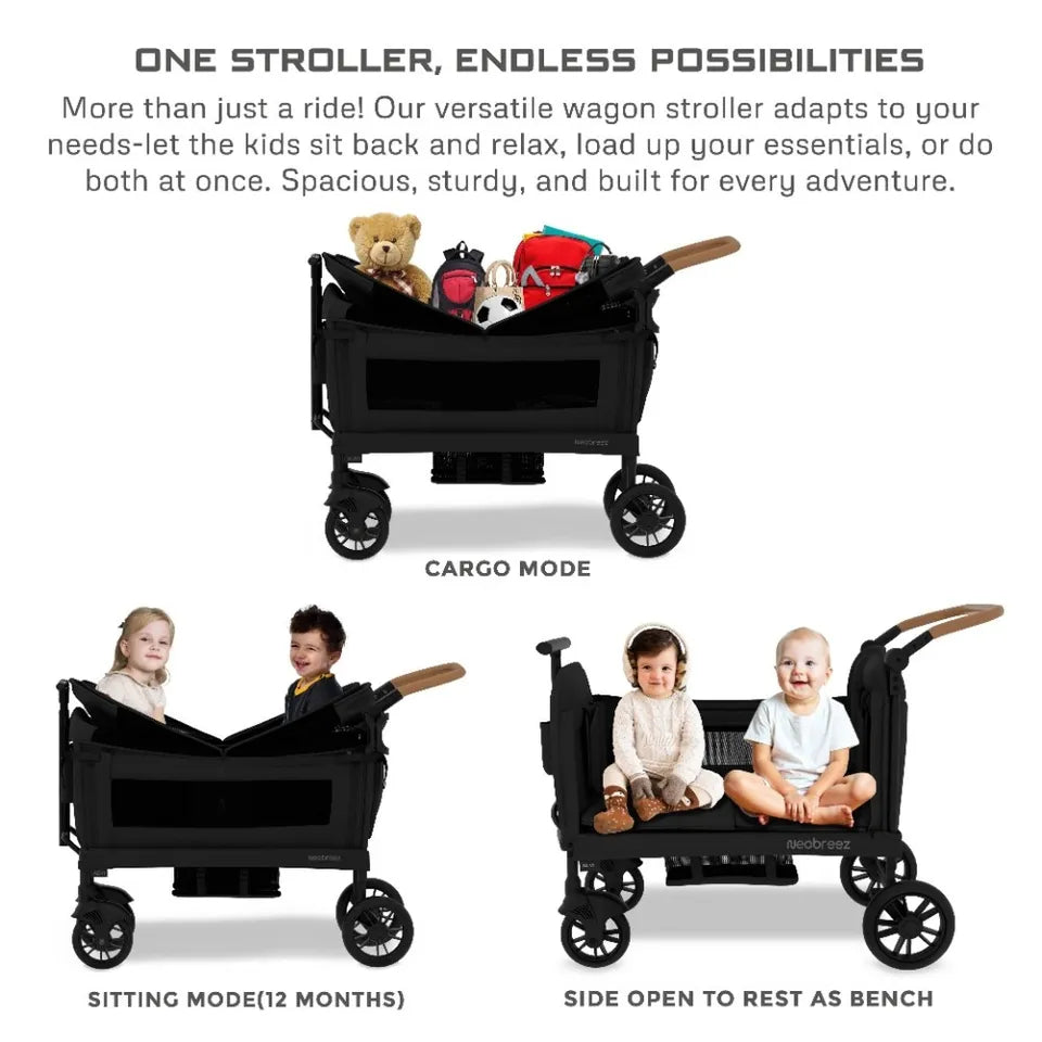 Neobreez ADVI Wagon Cargo Push & Pull Foldable Double Stroller - Black