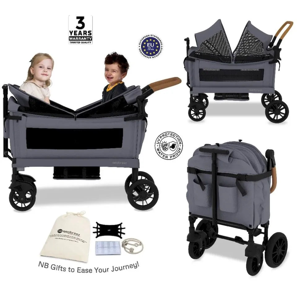 Neobreez ADVI Wagon Cargo Push & Pull Foldable Double Stroller - Dark Grey