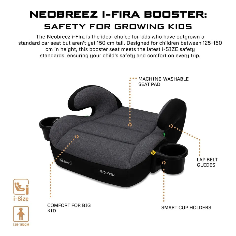 Neobreez i-Fira i-Size Backless Booster Seat W/ 2 Cup Holders - Grey/Black