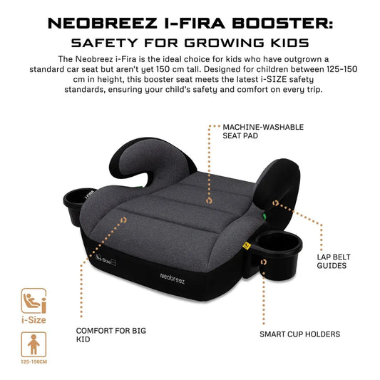 Neobreez i-Fira i-Size Backless Booster Seat W/ 2 Cup Holders - Grey/Black