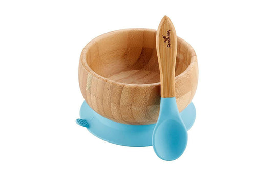 Bamboo Baby Suction Bowl and Spoon by Avanchy - Blue