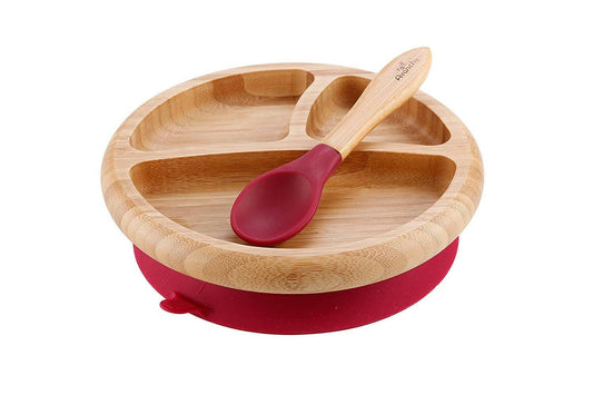 Bamboo Toddler & Baby Suction Plate with Soft Tip Spoon - Red