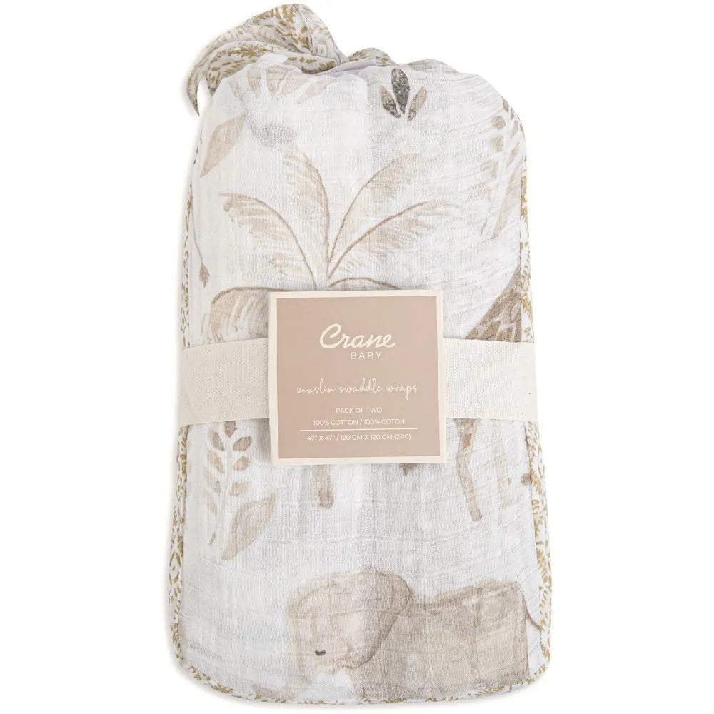 Crane Kendi Swaddle Wraps - Beige and Safari Animal (Pack of 2)