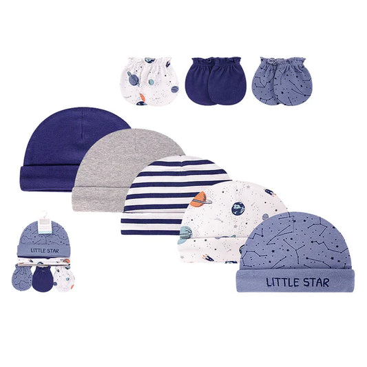 Hudson Baby 5pcs Cap & 3pcs Scratch Mitten Set (0-6m)